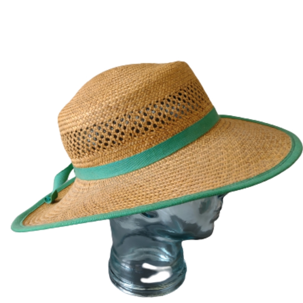 Straw Hat Made in Italy Green Trim  Beach Sun - Picture 2 of 10